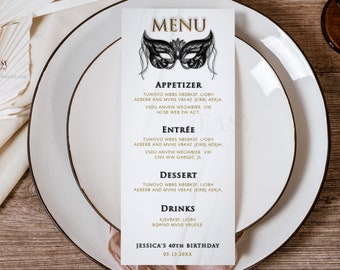 Editable Menu Card Template, Masquerade Party, Black Mask Menu Card, Printable Menu Birthday Table Card, DIY Menu Card Template Corjl