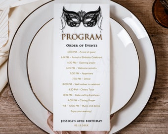 Editable Program Card Template, Masquerade Party, Black Mask Program Card, Order of Event Birthday Table Program Template Printable Corjl