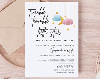 Gender Reveal Invitation, Moon and Stars Theme, Blue Pink Cloud, Twinkle Twinkle Little Star Gender Reveal Party Shower Invite Template GRN1