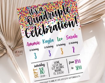 Editable Quadruple Birthday celebration, Sibling Birthday Invitations, Rainbow Confetti Sibling Party, Quadruple Party Invitations Printable