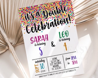 Editable Double Birthday celebration, Sibling Birthday Invitations, Rainbow Confetti Sibling Party, Double Party Invitations Printable