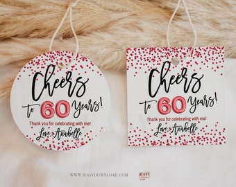 Cheers to 60 Round Gift Tags • EDITABLE Red Confetti Printable Template • 60th Birthday Gift Tags, Personalise Thank You Tags - AP21