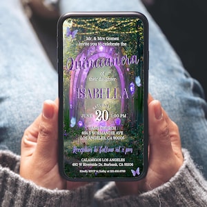Enchanted Forest Quinceañera Phone Invite: Purple Butterfly Birthday (Editable Template)