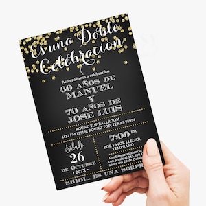 Editable Double Celebration Spanish Invitation, Joint Birthday Invitation Gold Glitter and Black, Birthday and Graduation Template