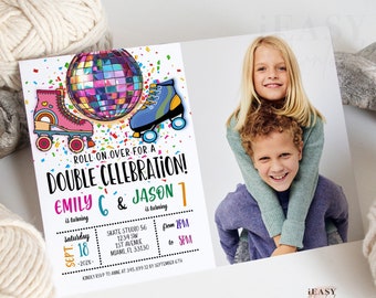 Editable Roller Skating Invites, Joint Birthday Photo Invitation, Roller Disco Party Birthday Invitation, Sibling Birthday Party Template