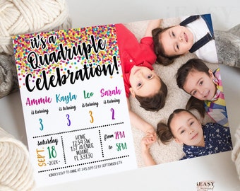 Editable Joint Birthday Party, Quadruple Sibling Birthday Photo Invitation Rainbow Confetti, Siblings Birthday Celebration, Phone Invite SMS