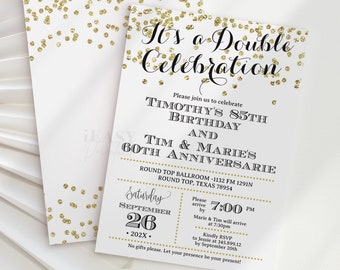 Adult Double Celebration Invitation, Double Birthdays, Anniversaries, Graduations Invite, Gold Glitter, Joint Birthday Invite Template AP6
