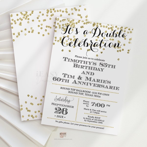 Adult Double Celebration Invitation, Double Birthdays, Anniversaries, Graduations Invite, Gold Glitter, Joint Birthday Invite Template AP6