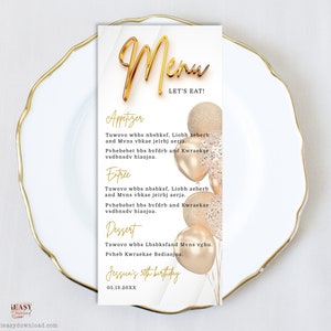 Editable Menu Card Template, All White Affair Gold Balloons Party, Modern Gold Menu Card, Birthday Menu Card Printable Printable Corjl AP11