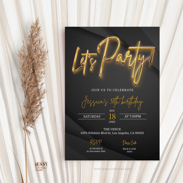 Let's Party Gold and Black Invitation, Editable Adult Birthday Invitation, Modern 30th Birthday Invitation Template for All Ages Corjl AP6