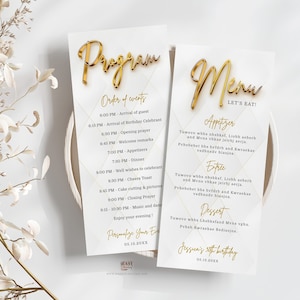 Editable Double Sided Menu and Program Card Template, All White Affair Gold Theme Party, Modern Birthday Gold Manu Card Printable Corjl AP11