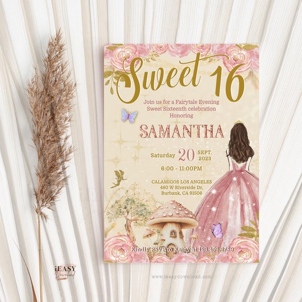 Editable Sweet Sixteenth Fairytale Mushroom Butterfly Birthday Invitation, Sweet 16 Blush Pink Dress and Gold Invitation, Quinceañera QCA1