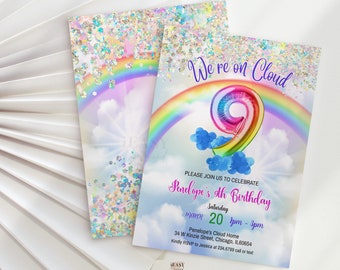 Editable Rainbow 9th Birthday Invitation: Holographic Glitter (Corjl Template)