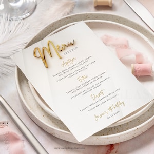 Editable Menu Card Template, All White Affair Gold Theme Party, Modern Gold Menu Card, Birthday Menu Card Printable Printable Corjl AP11