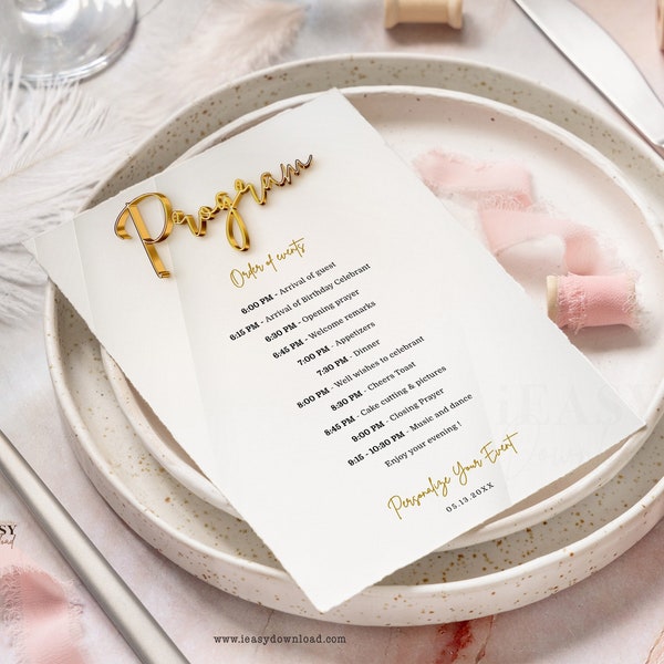 Editable Program Card Template, All White Affair Gold Theme Program Gold Menu Card, Birthday Program Card Printable Printable Corjl AP11