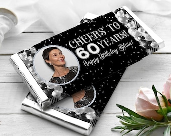 Cheers to 60 years Silver Black Confetti Chocolate Wrapper Printable, 60th birthday Candy Bar Wrapper Favor, Age and Text are Editable - AP6