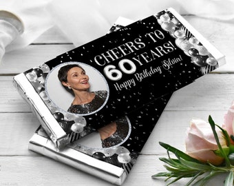 Cheers to 60 years Silver Black Confetti Chocolate Wrapper Printable, 60th birthday Candy Bar Wrapper Favor, Age and Text are Editable - AP6