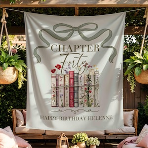 Chapter Forty Custom Idea Backdrop 40th Birthday Theme Sage Green Coquette Wildflowers and Books Décor