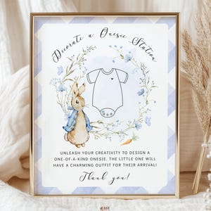 Decorate a Onesie Game Sign Peter Rabbit Baby Boy Shower Bib Decorating Baby Shower Game Baby Onesie Station Editable Template Corjl BS16