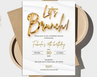 Editable Let's Brunch Invitation Gold and White 30th Birthday Template Corjl