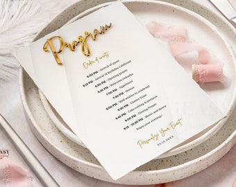 Editable Program Card Template, All White Affair Gold Theme Program Gold Menu Card, Birthday Program Card Printable Printable Corjl AP11