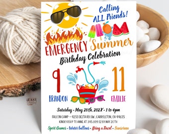 Editable Summer Birthday Party Invitation Sibling Birthday Invitations Double Birthday Calling 911Invitation Joint Party Invitations AP17
