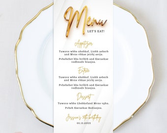 Editable Menu Card Template, All White Affair Gold Theme Party, Modern Gold Menu Card, Birthday Menu Card Printable Printable Corjl AP11