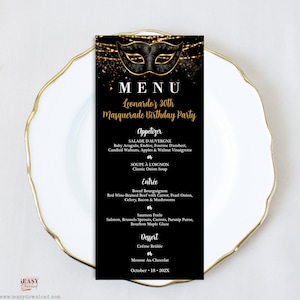 Editable Gold and Black Masquerade Food Menu Card, Carnival Masquerade Menu Card Template, Printable Adult Masquerade Party Menu Table AP3