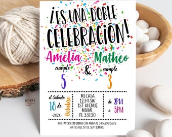 Spanish Invitations Editable Sibling Birthday Double Birthdays Celebration, Rainbow Confetti Sibling Party Birthday Invitations AP17