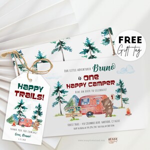 Bear First Birthday Happy Camper, Editable One Happy Camper Birthday Invitation with FREE Tag, Camping Birthday Party Digital Template
