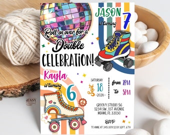 Birthday Digital Invitation Roller Skating, Joint Birthday Invitation for kids, Roller Disco Party Birthday, Sibling Birthday Party Editable