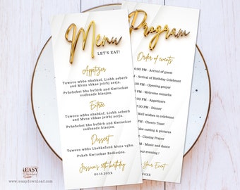 Editable Double Sided Menu and Program Card Template, All White Affair Gold Theme Party, Modern Birthday Gold Manu Card Printable Corjl AP11