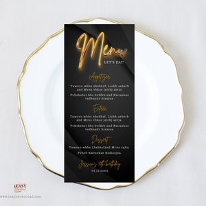 Editable Menu Card Template, Black and Gold Theme Party, Modern Black Menu Card, Birthday Menu Card Printable, For All Ages Corjl AP6