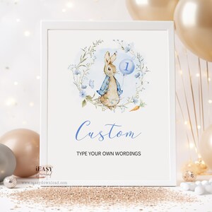 Peter Rabbit Birthday Boy Party Editable Sign, Blue Balloon Wildflower Custom Bunny Sign Birthday Spring Bunny sign Template with Corjl KP34