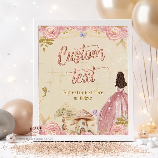 Editable Fairytale Mushroom Butterfly Birthday Invitation, Blush Pink Dress and Gold Party sign, Quinceañera and Sweet 16 Custom Sign QCA1