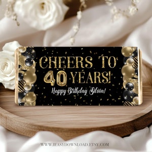 Editable Cheers to 40 years Gold Black Confetti Chocolate Wrapper Printable, 40th birthday Candy Bar Wrapper Template with Corjl - AP6
