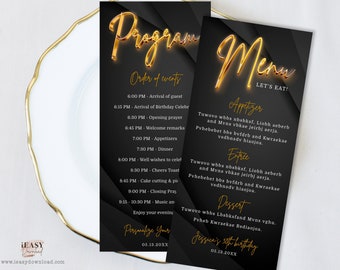 Editable Double Sided Menu and Program Card Template, All Black Party Gold and Black Theme, Modern Birthday Menu Card Printable Corjl AP11