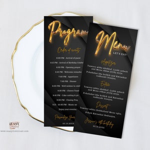 Editable Double Sided Menu and Program Card Template, All Black Party Gold and Black Theme, Modern Birthday Menu Card Printable Corjl AP11
