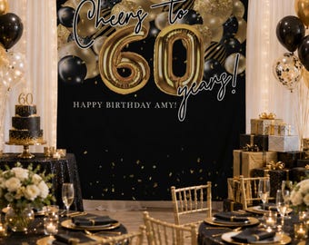 May include: A black and gold 60th birthday backdrop featuring the text Cheers to 60 years! and Happy Birthday Amy! with gold balloon graphics, black and gold balloons, and confetti accents, measuring 88 inches by 104 inches in size.