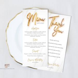 Editable Double Sided Menu and Thank You Card Template All White Affair Gold Theme Party Modern Birthday Gold Manu Card Printable Corjl AP11