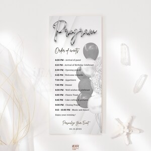Editable Program Card Template, Silver and Black Balloons Party, Modern Silver Program Card, Birthday Program Printable - Corjl