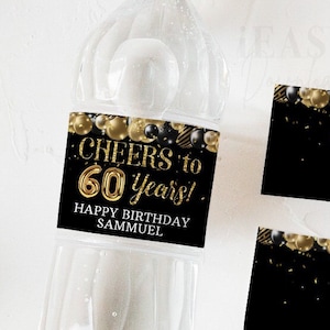 60th Birthday Water Bottle Label: Gold & Black Balloons (Editable, Instant Download)