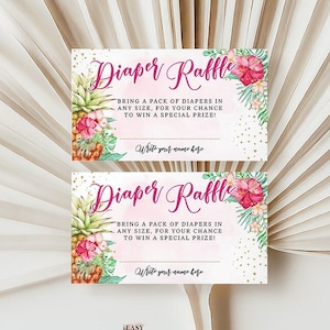 Editable Pineapple Baby Shower Diaper Raffle Tickets Tropical Summer Hawaiian Baby Shower for Girl Diaper Game Aloha Baby Girl Pink and Gold