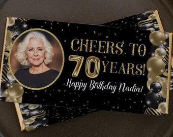 70th Birthday Chocolate Wrapper: Gold Balloons, Photo, Editable Text (Printable)