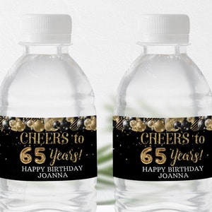Cheers to 65 years | Water Bottle Label | Gold and Black Balloons 65th Birthday Water Bottle Label EDITABLE with Corjl Instant Download AP6