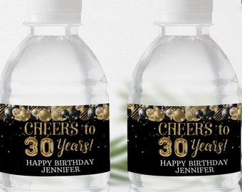 Editable 30th Birthday Water Bottle Label: Gold & Black Balloons (Digital Download)