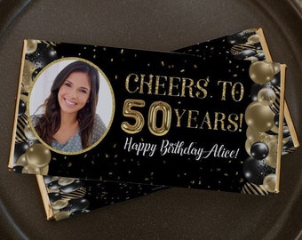 Cheers to 50 years Gold Black Confetti Chocolate Wrapper Printable, 50th birthday Candy Bar Wrapper Favor, Age and Text are Editable - AP6