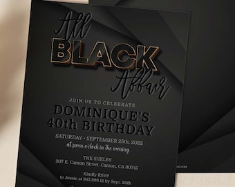 All Black Affair Editable Birthday Invitation, Black Gold Party Invite for Women or Men, Modern Birthday Invite Template, All Ages Corjl AP6