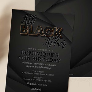 All Black Affair Editable Birthday Invitation, Black Gold Party Invite for Women or Men, Modern Birthday Invite Template, All Ages Corjl AP6
