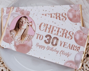 30th Birthday Chocolate Wrapper Printable Rose Gold Balloons and Confetti Candy Bar Wrapper Birthday, Cheers to 30 Years, Age Editable - AP1